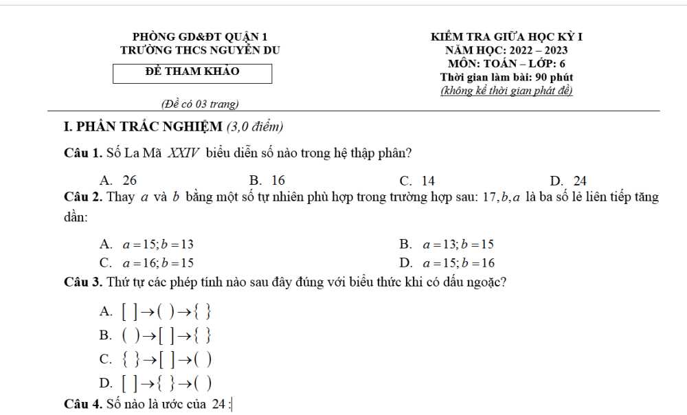 Toán 6: Đề kiểm tra giữa học kì 1. Trường THCS Nguyễn Du - Quận 1 năm học 2022-2023